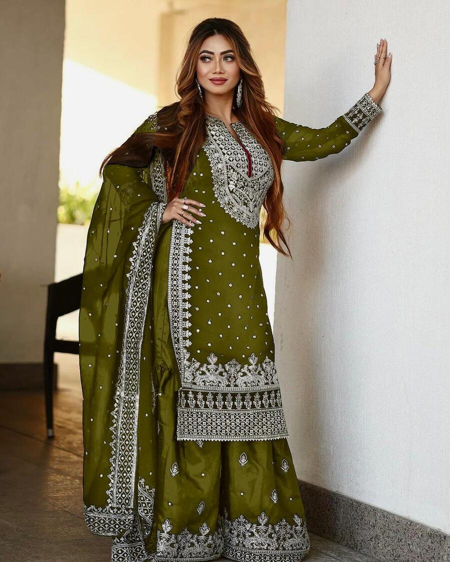 DESIGNER GEORGETTE EMBROIDERY SEQUENCE WORK TOP SHARARA WITH DUPATTA