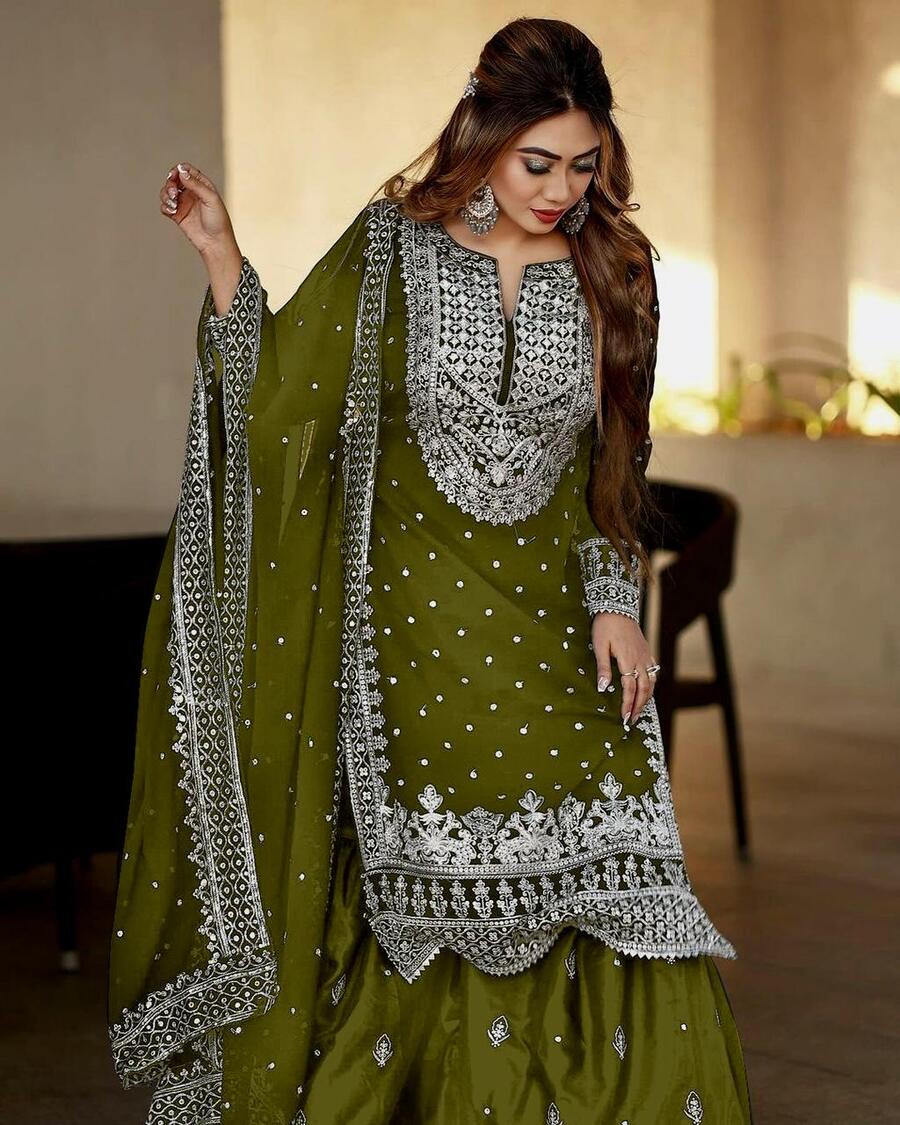 DESIGNER GEORGETTE EMBROIDERY SEQUENCE WORK TOP SHARARA WITH DUPATTA