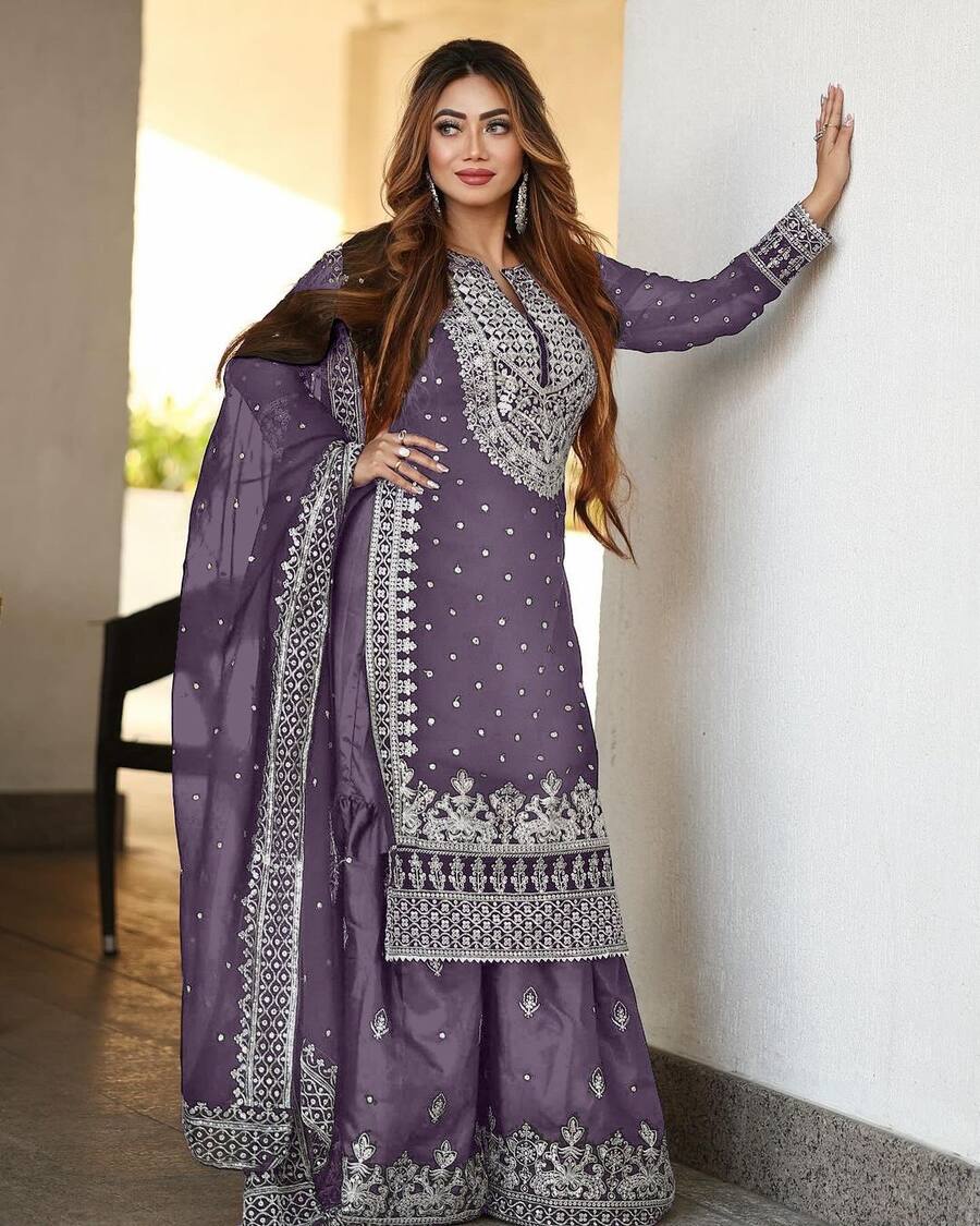 DESIGNER GEORGETTE EMBROIDERY SEQUENCE WORK TOP SHARARA WITH DUPATTA