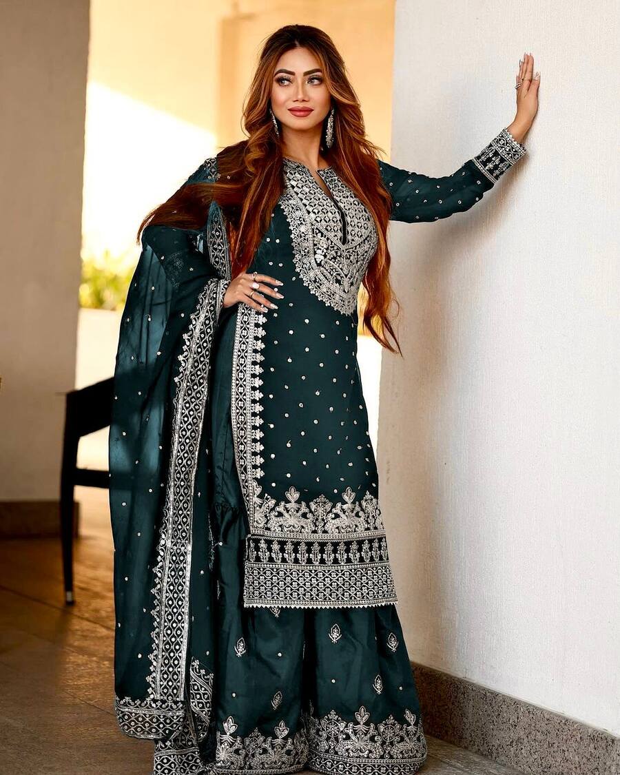 DESIGNER GEORGETTE EMBROIDERY SEQUENCE WORK TOP SHARARA WITH DUPATTA