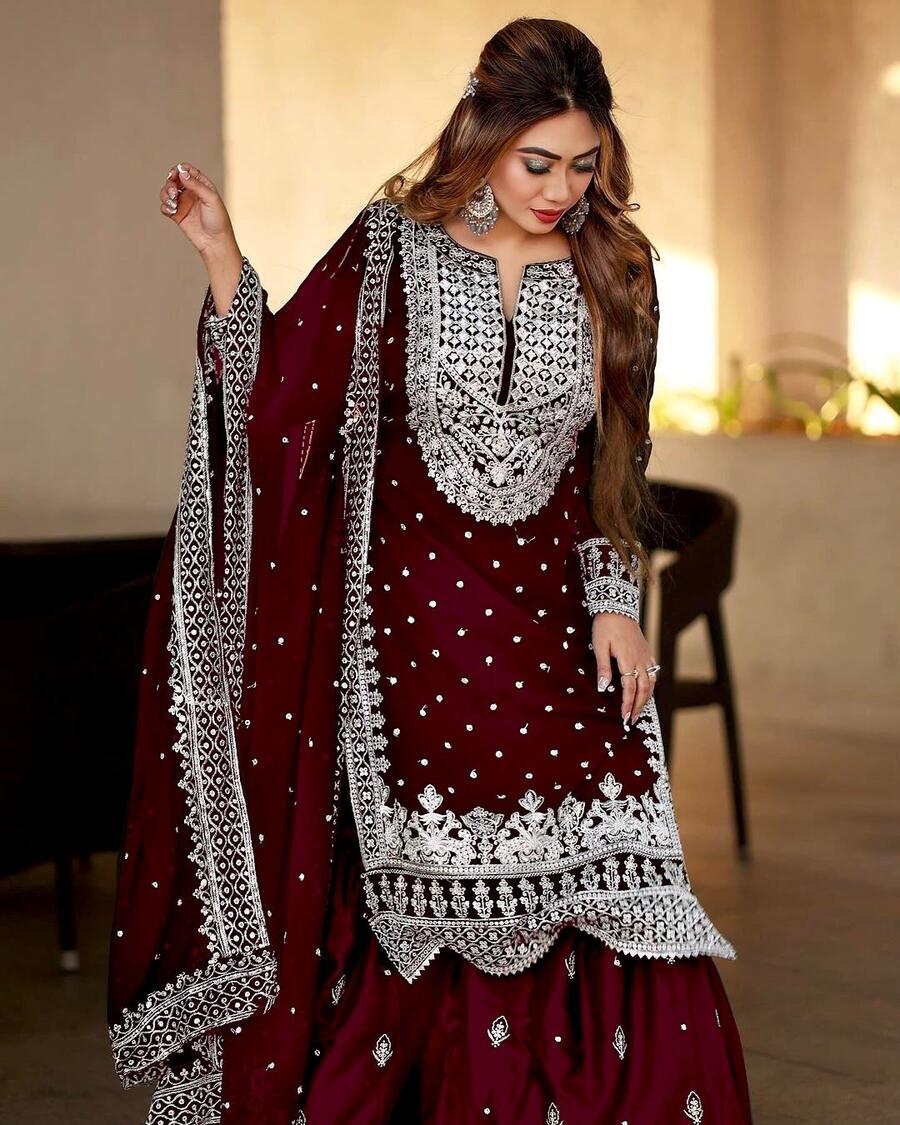 DESIGNER GEORGETTE EMBROIDERY SEQUENCE WORK TOP SHARARA WITH DUPATTA