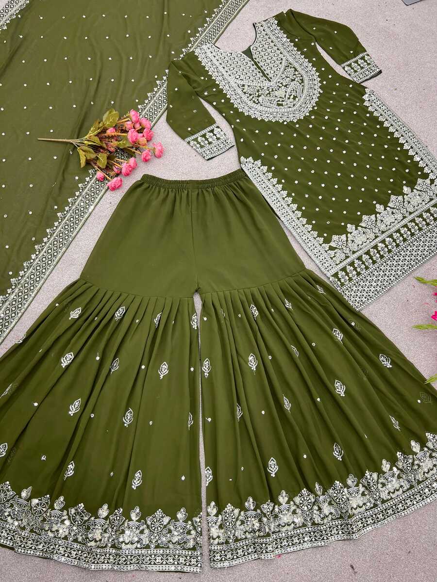 DESIGNER GEORGETTE EMBROIDERY SEQUENCE WORK TOP SHARARA WITH DUPATTA