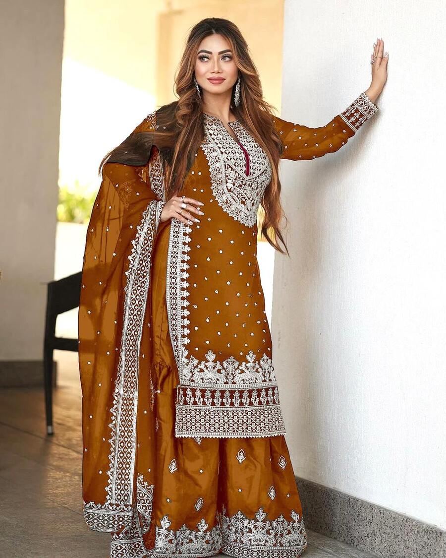 DESIGNER GEORGETTE EMBROIDERY SEQUENCE WORK TOP SHARARA WITH DUPATTA