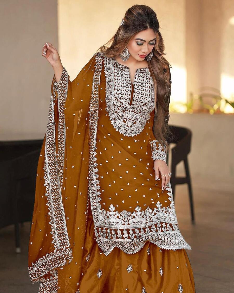 DESIGNER GEORGETTE EMBROIDERY SEQUENCE WORK TOP SHARARA WITH DUPATTA