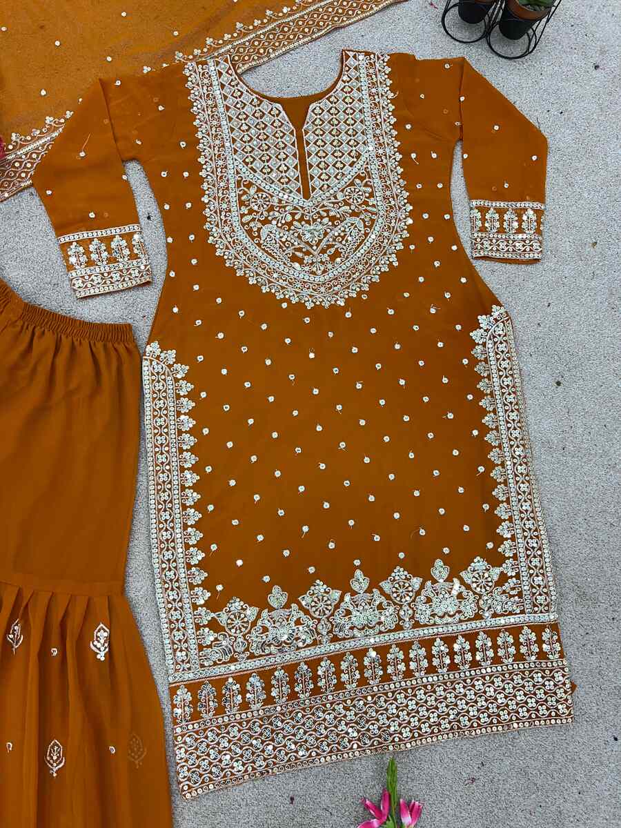 DESIGNER GEORGETTE EMBROIDERY SEQUENCE WORK TOP SHARARA WITH DUPATTA