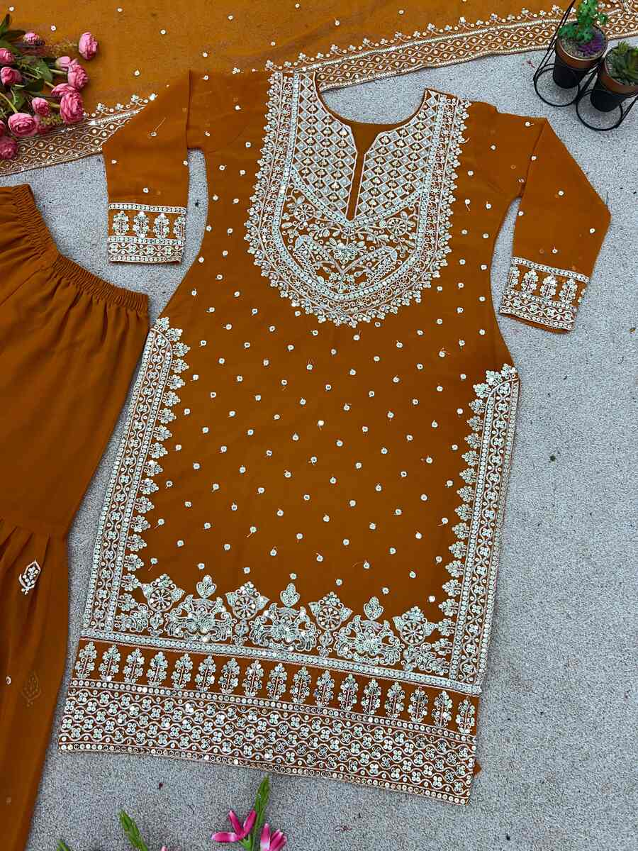 DESIGNER GEORGETTE EMBROIDERY SEQUENCE WORK TOP SHARARA WITH DUPATTA