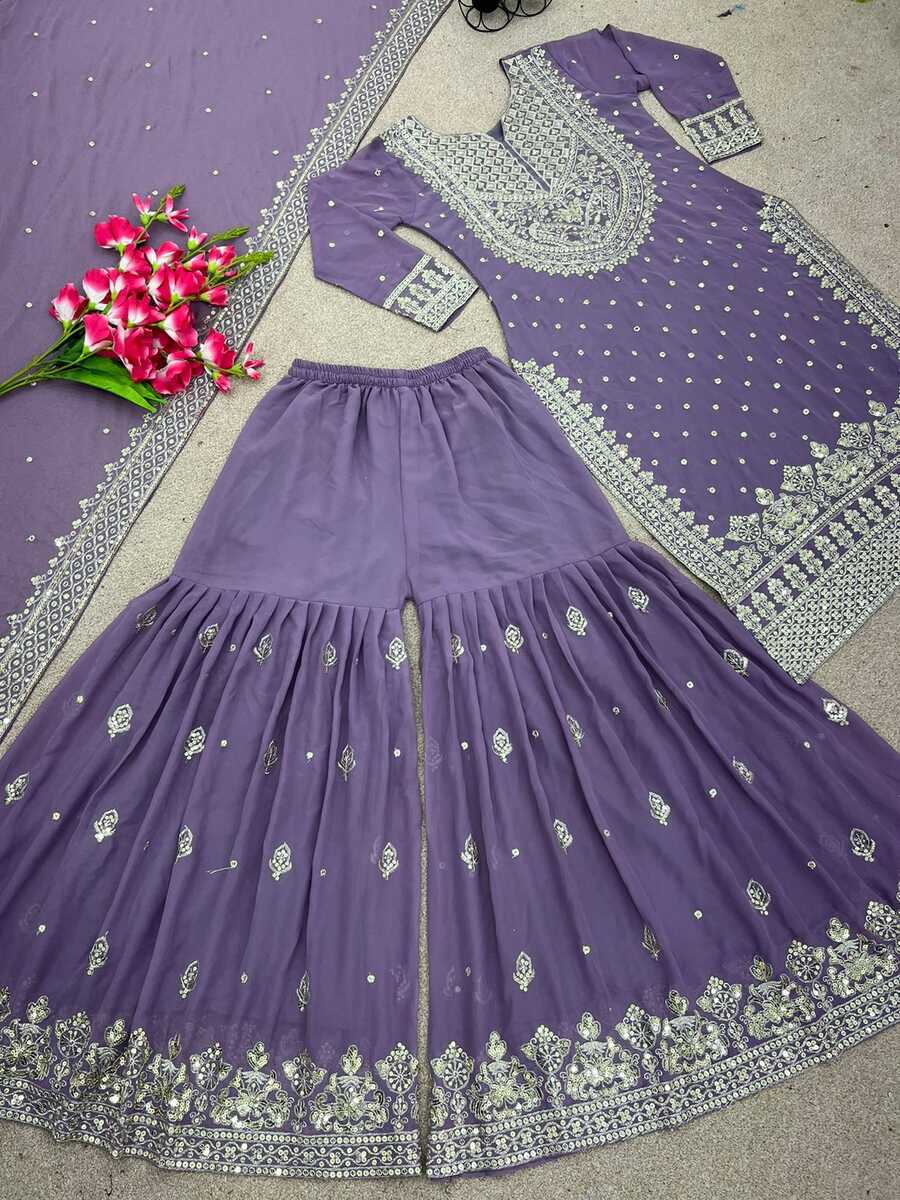 DESIGNER GEORGETTE EMBROIDERY SEQUENCE WORK TOP SHARARA WITH DUPATTA