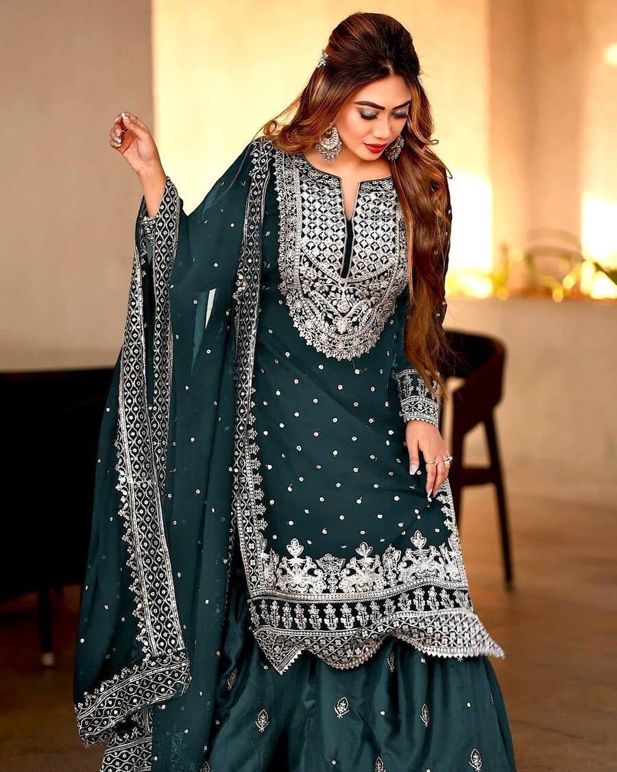 DESIGNER GEORGETTE EMBROIDERY SEQUENCE WORK TOP SHARARA WITH DUPATTA