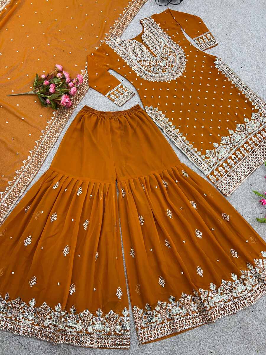 DESIGNER GEORGETTE EMBROIDERY SEQUENCE WORK TOP SHARARA WITH DUPATTA