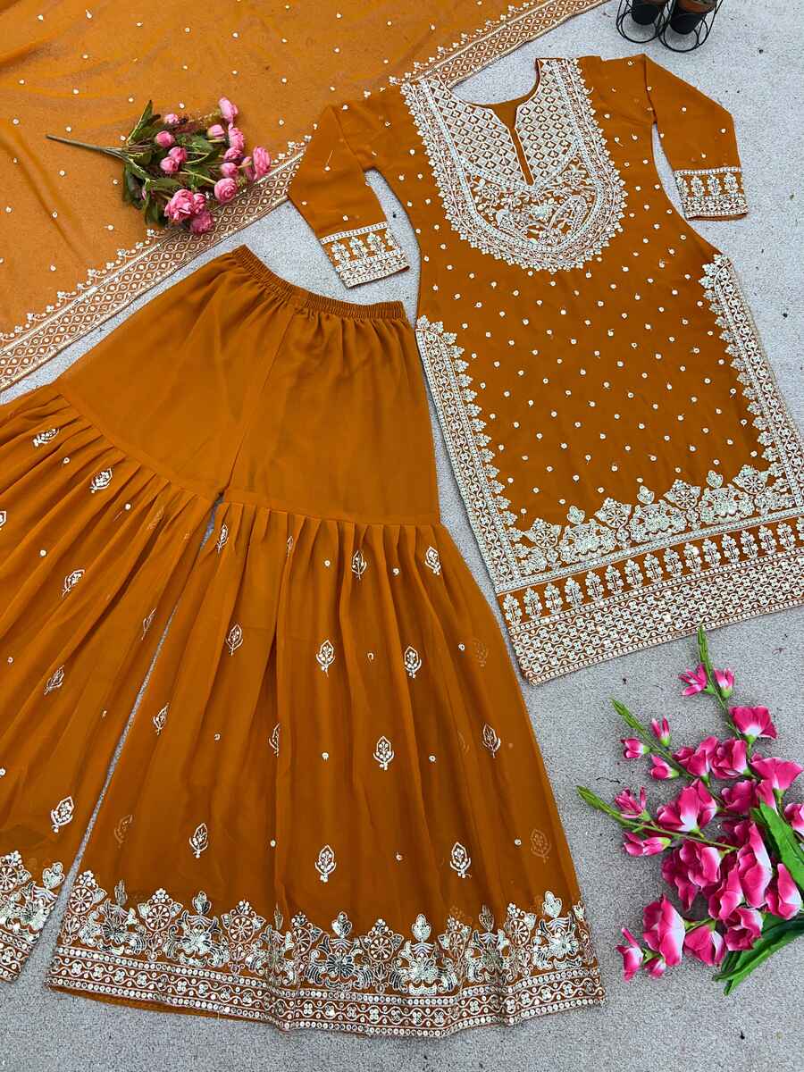 DESIGNER GEORGETTE EMBROIDERY SEQUENCE WORK TOP SHARARA WITH DUPATTA