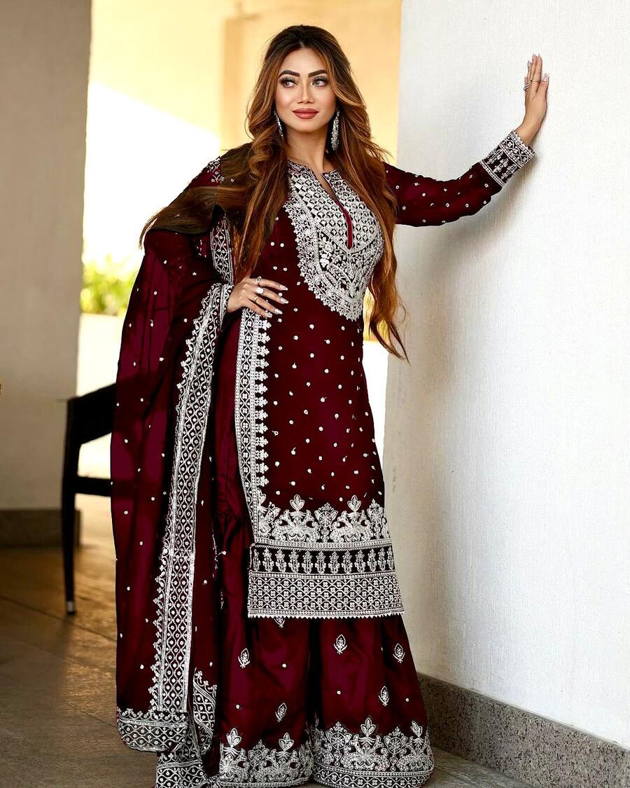 DESIGNER GEORGETTE EMBROIDERY SEQUENCE WORK TOP SHARARA WITH DUPATTA