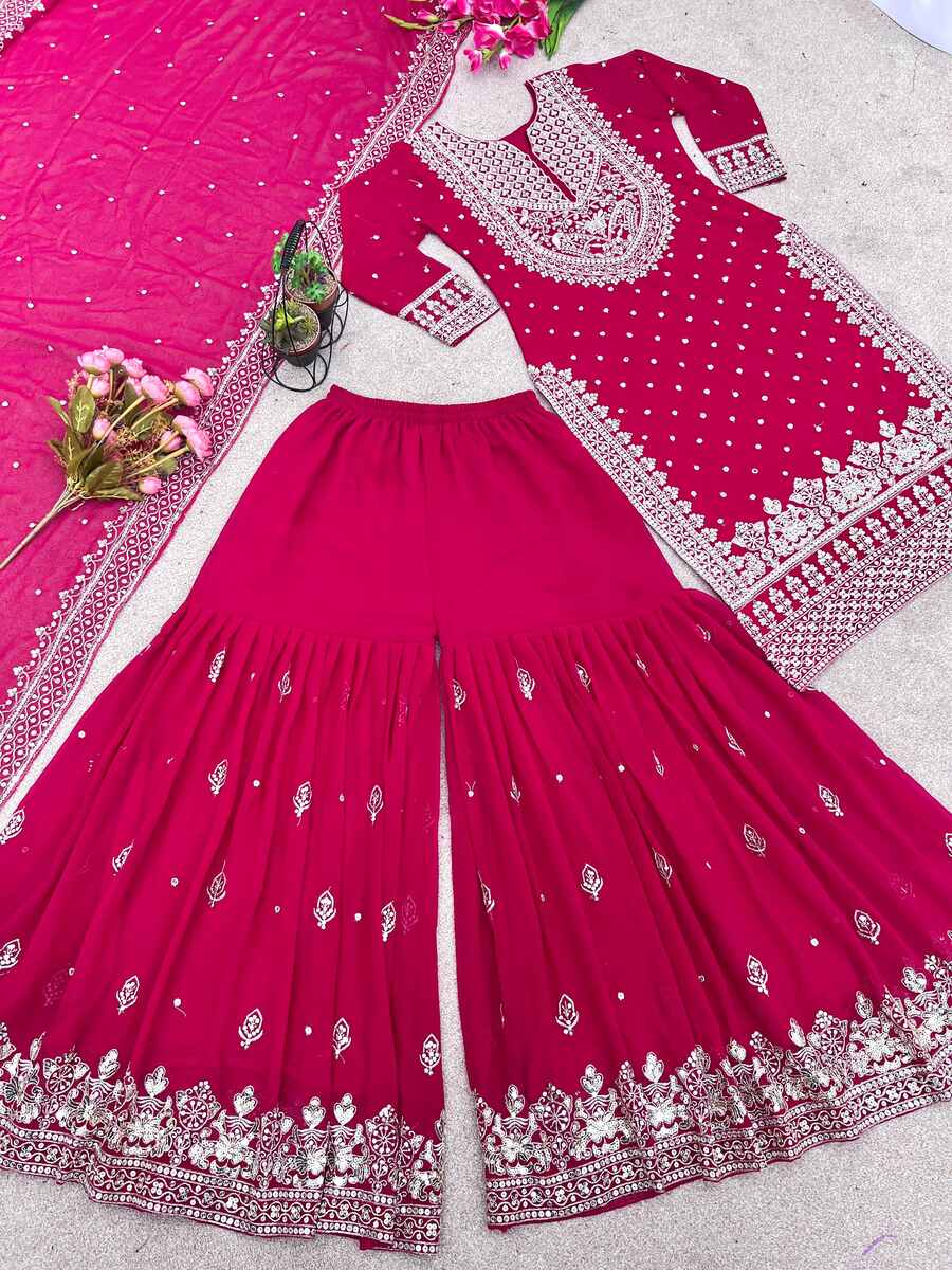 DESIGNER GEORGETTE EMBROIDERY SEQUENCE WORK TOP SHARARA WITH DUPATTA