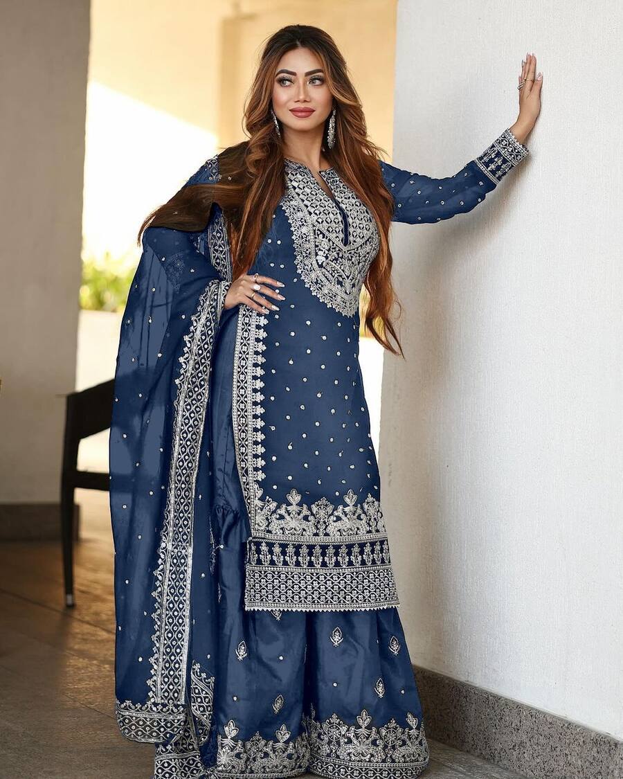 DESIGNER GEORGETTE EMBROIDERY SEQUENCE WORK TOP SHARARA WITH DUPATTA