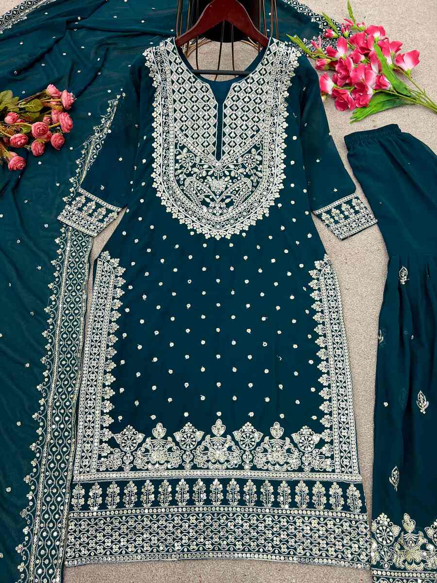 DESIGNER GEORGETTE EMBROIDERY SEQUENCE WORK TOP SHARARA WITH DUPATTA