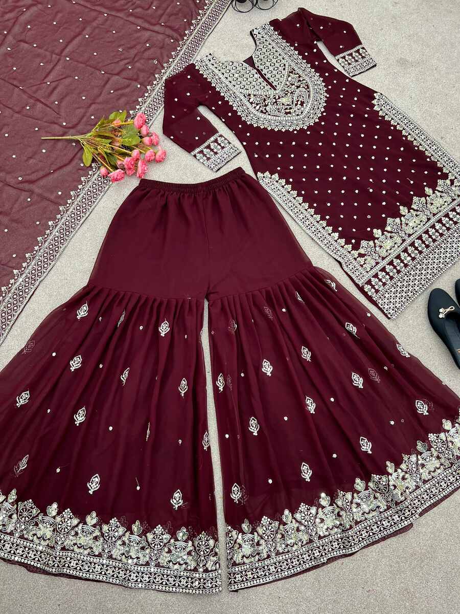 DESIGNER GEORGETTE EMBROIDERY SEQUENCE WORK TOP SHARARA WITH DUPATTA