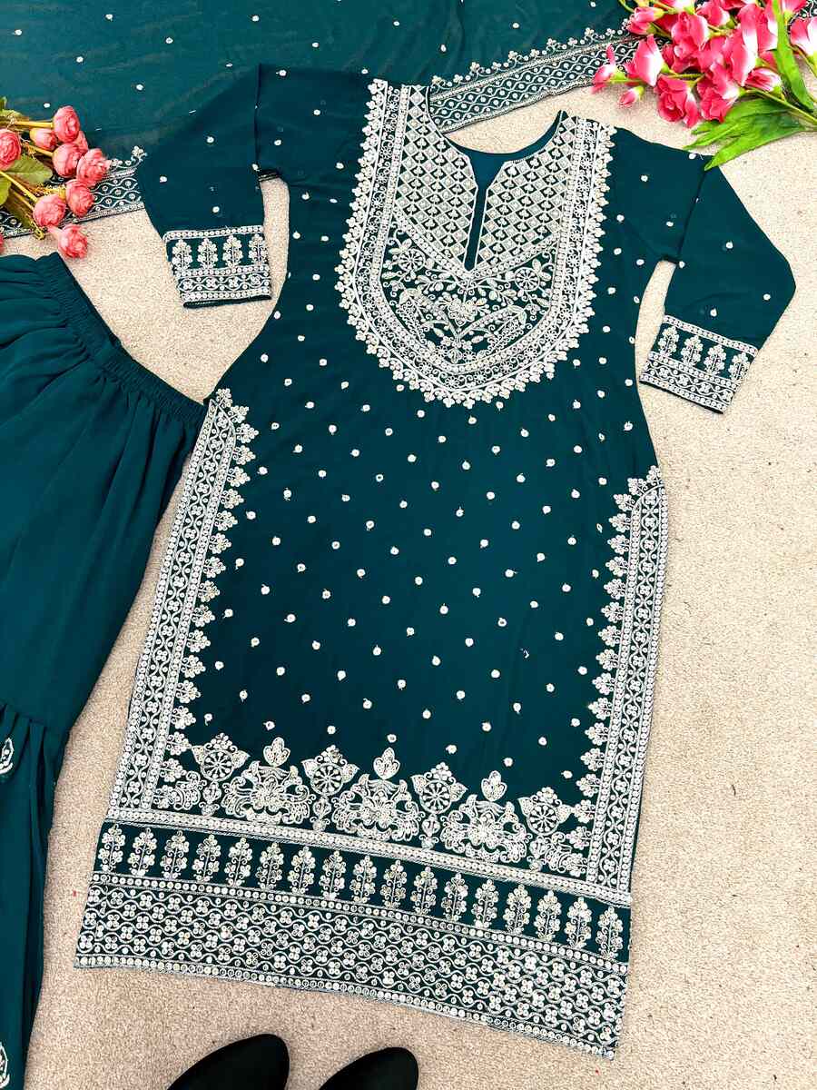 DESIGNER GEORGETTE EMBROIDERY SEQUENCE WORK TOP SHARARA WITH DUPATTA