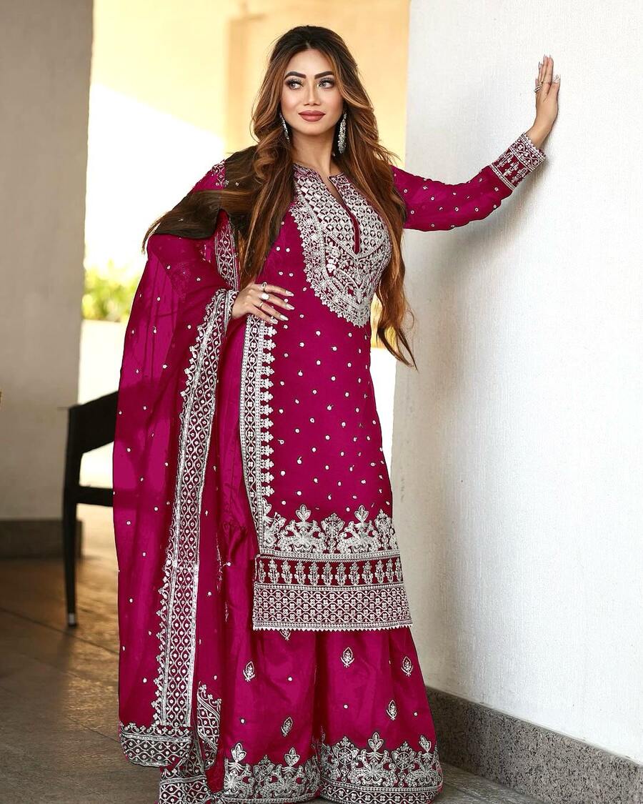 DESIGNER GEORGETTE EMBROIDERY SEQUENCE WORK TOP SHARARA WITH DUPATTA
