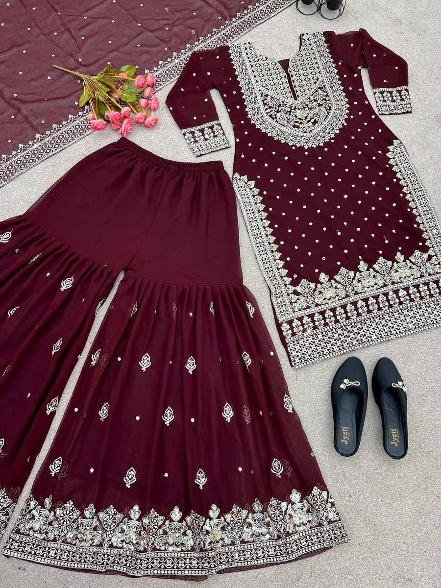 DESIGNER GEORGETTE EMBROIDERY SEQUENCE WORK TOP SHARARA WITH DUPATTA