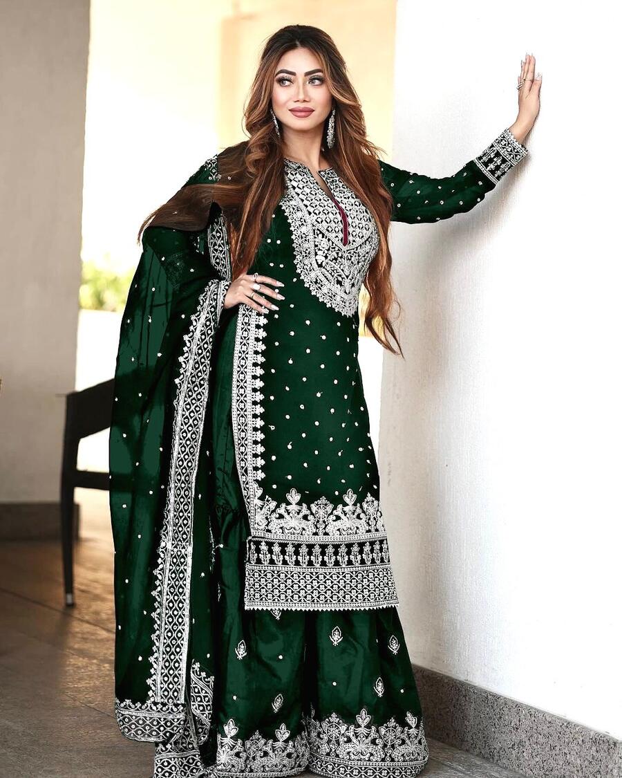 DESIGNER GEORGETTE EMBROIDERY SEQUENCE WORK TOP SHARARA WITH DUPATTA