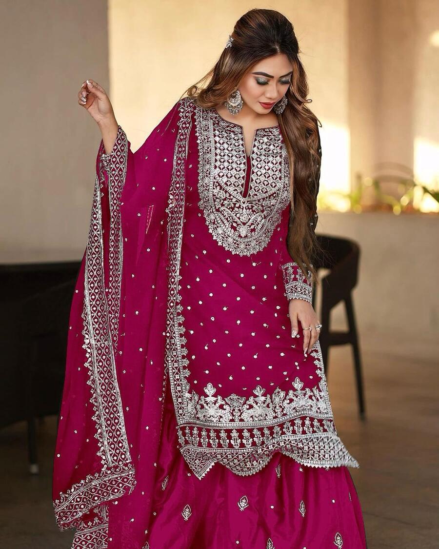 DESIGNER GEORGETTE EMBROIDERY SEQUENCE WORK TOP SHARARA WITH DUPATTA