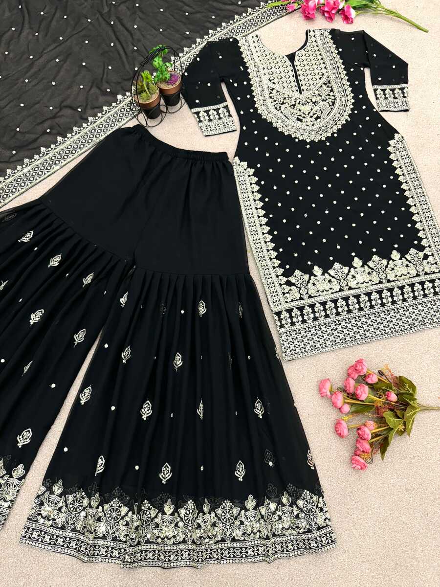 DESIGNER GEORGETTE EMBROIDERY SEQUENCE WORK TOP SHARARA WITH DUPATTA