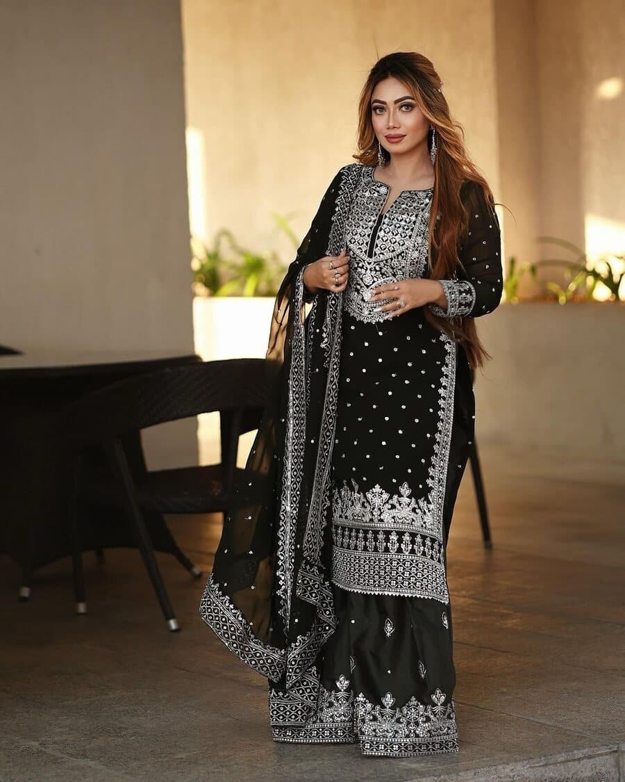 DESIGNER GEORGETTE EMBROIDERY SEQUENCE WORK TOP SHARARA WITH DUPATTA
