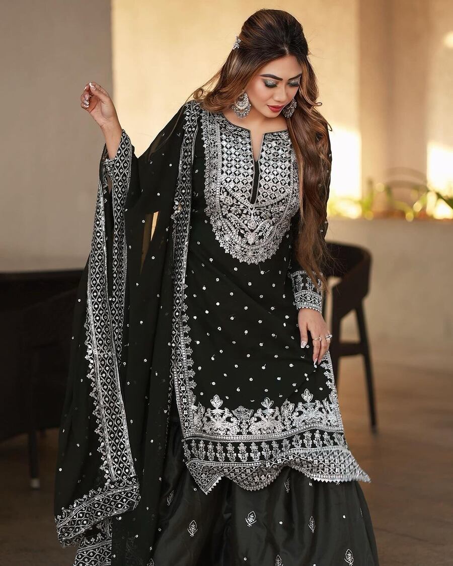 DESIGNER GEORGETTE EMBROIDERY SEQUENCE WORK TOP SHARARA WITH DUPATTA