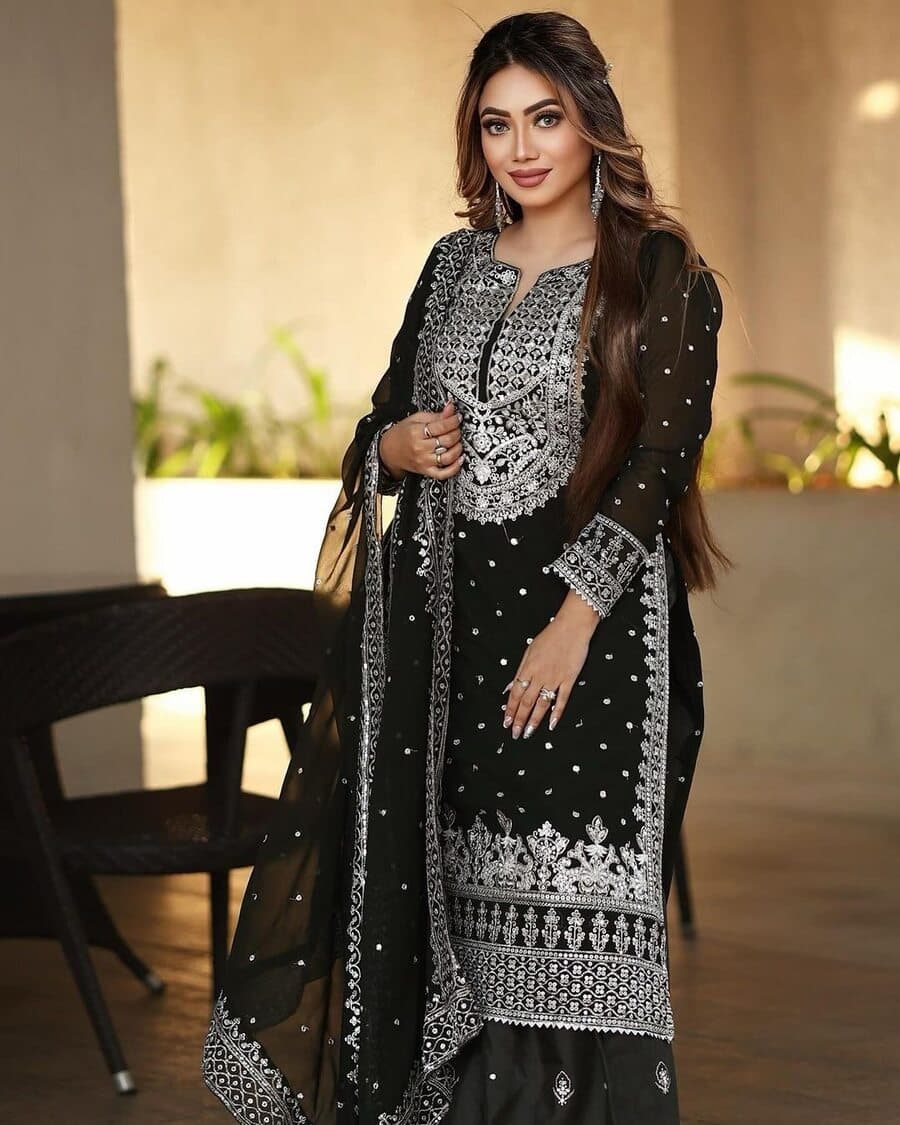 DESIGNER GEORGETTE EMBROIDERY SEQUENCE WORK TOP SHARARA WITH DUPATTA