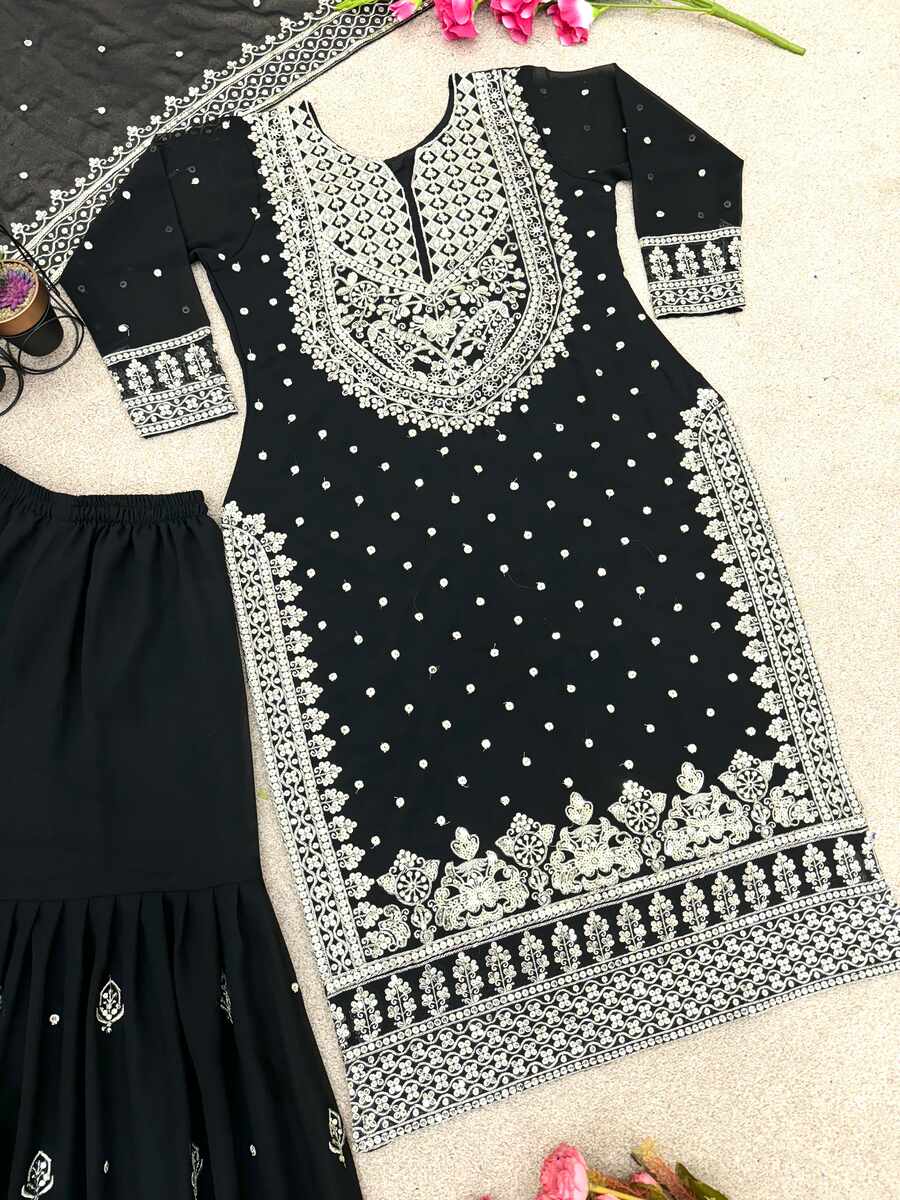 DESIGNER GEORGETTE EMBROIDERY SEQUENCE WORK TOP SHARARA WITH DUPATTA