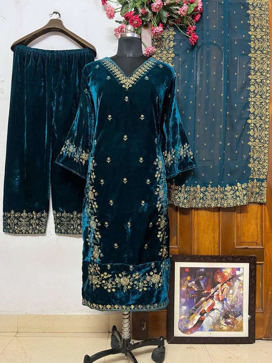 DESIGNER VELVET EMBROIDERY SEQUENCE WORK TOP PALAZZO WITH DUPATTA