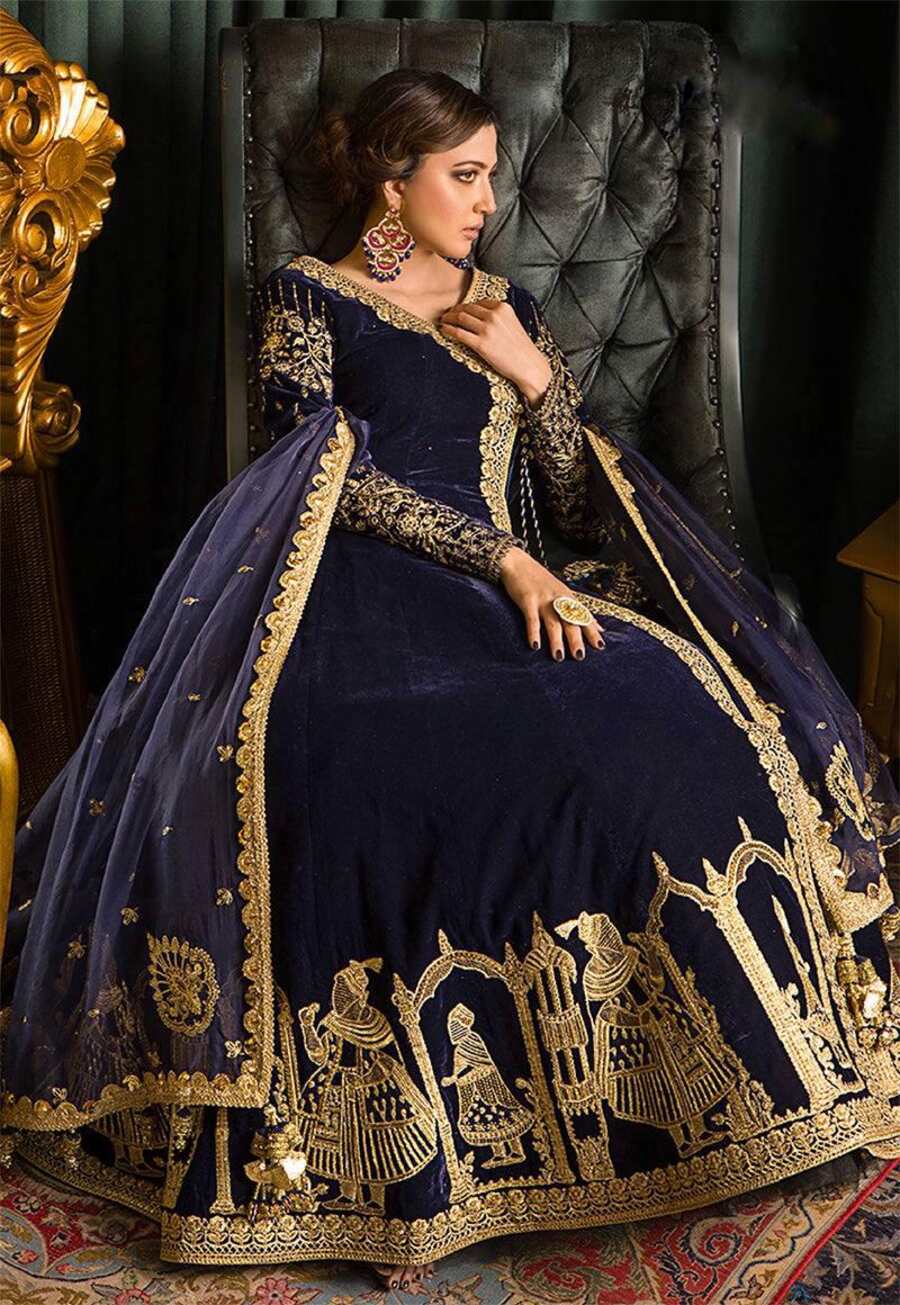 DESIGNER VELVET EMBROIDERY WORK GOWN WITH DUPATTA NAVY BLUE