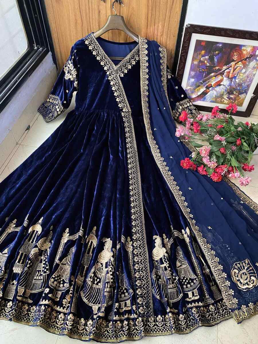 DESIGNER VELVET EMBROIDERY WORK GOWN WITH DUPATTA NAVY BLUE