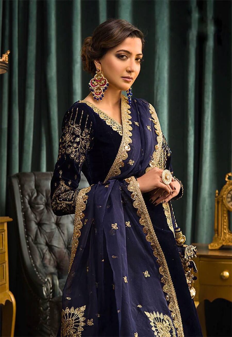 DESIGNER VELVET EMBROIDERY WORK GOWN WITH DUPATTA NAVY BLUE