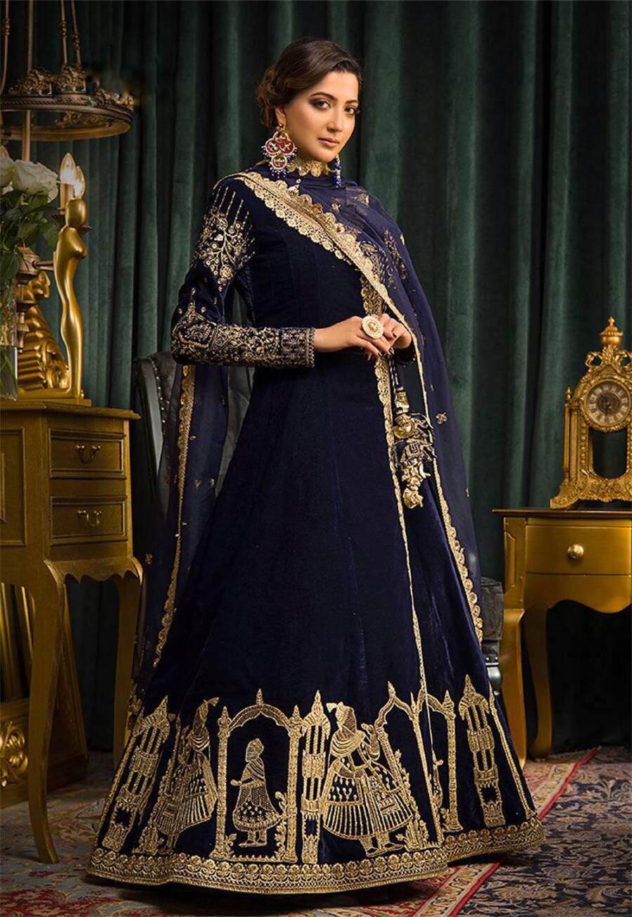 DESIGNER VELVET EMBROIDERY WORK GOWN WITH DUPATTA NAVY BLUE