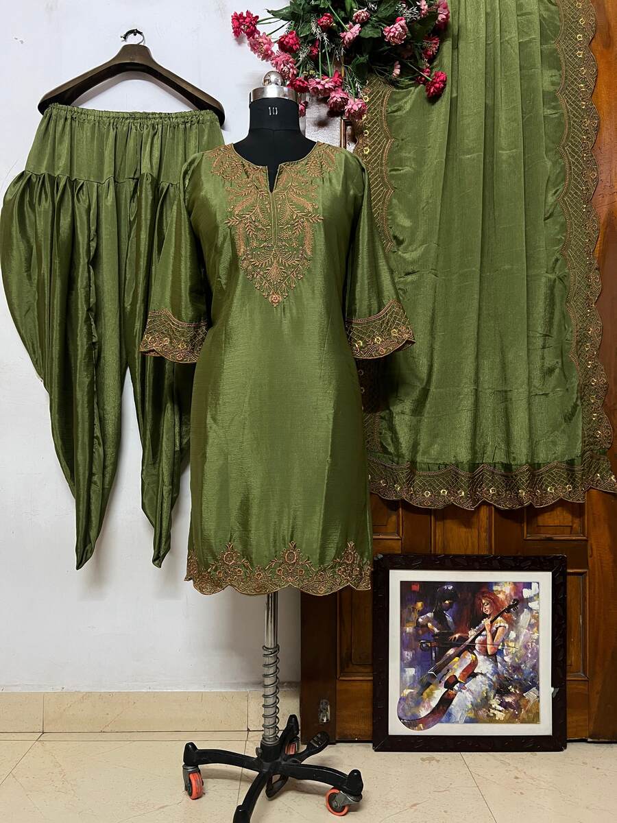 FANCY HEAVY CHINON SILK EMBROIDERY WORK TOP DHOTI WITH DUPATTA MEHENDI