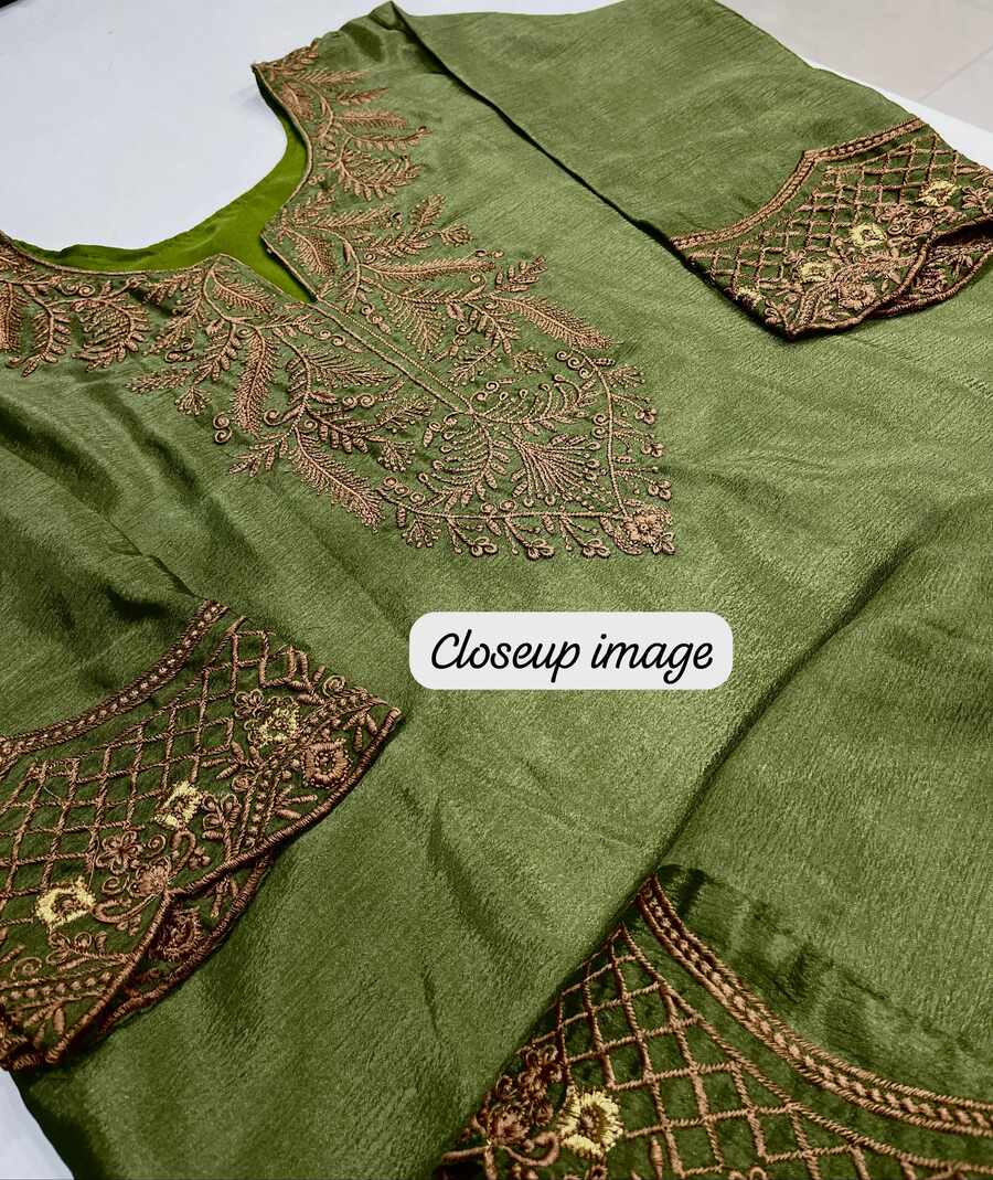 FANCY HEAVY CHINON SILK EMBROIDERY WORK TOP DHOTI WITH DUPATTA MEHENDI