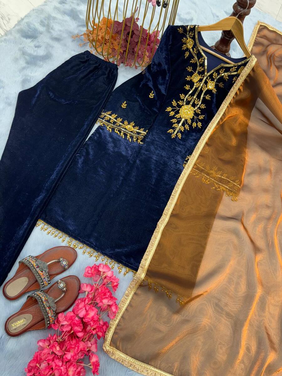 FANCY VISCOSE VELVET EMBROIDERY SEQUENCE WORK WITH BELL SLEEVE AND LATKAN TOP BOTTOM WITH DUPATTA