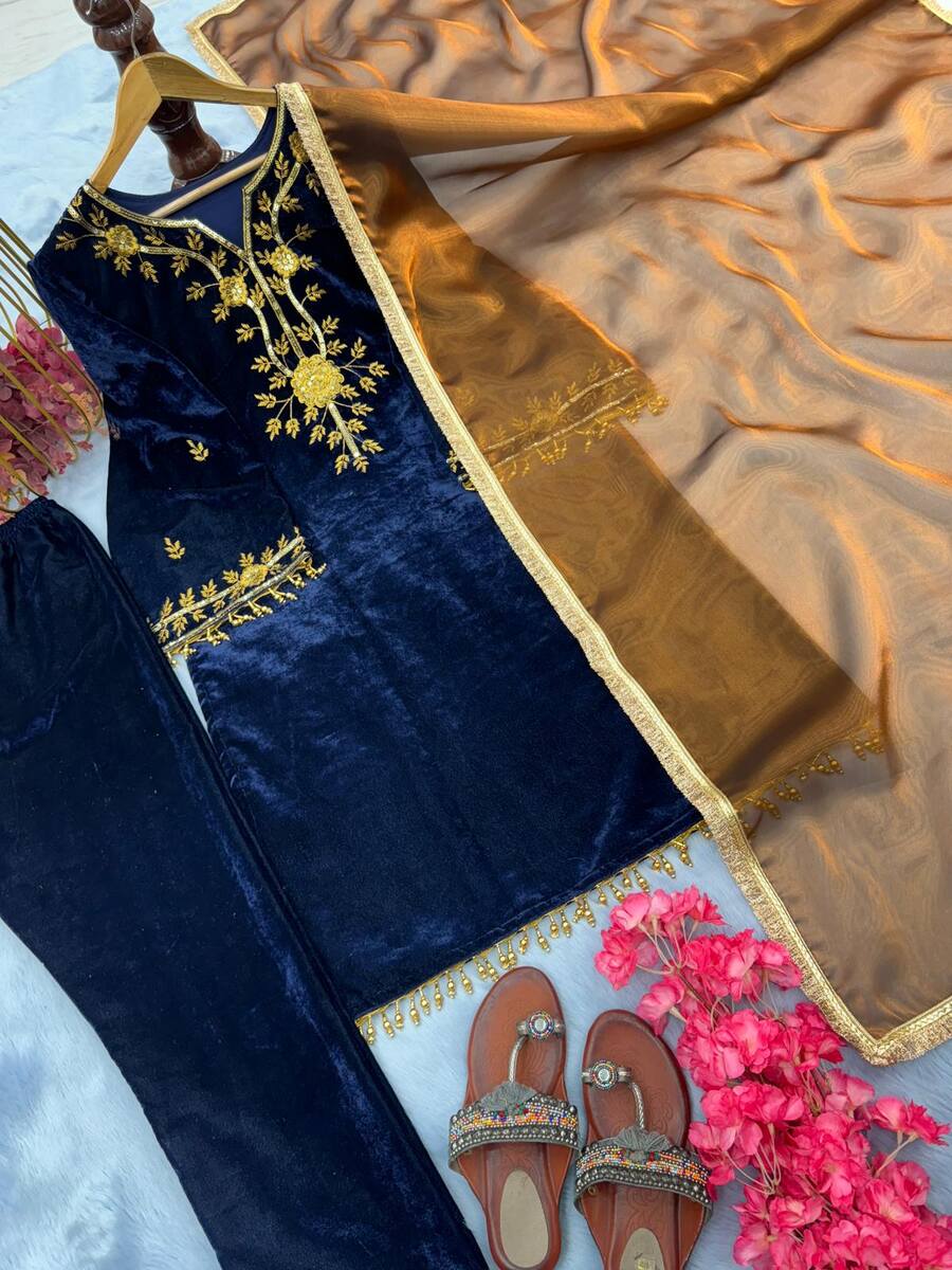FANCY VISCOSE VELVET EMBROIDERY SEQUENCE WORK WITH BELL SLEEVE AND LATKAN TOP BOTTOM WITH DUPATTA