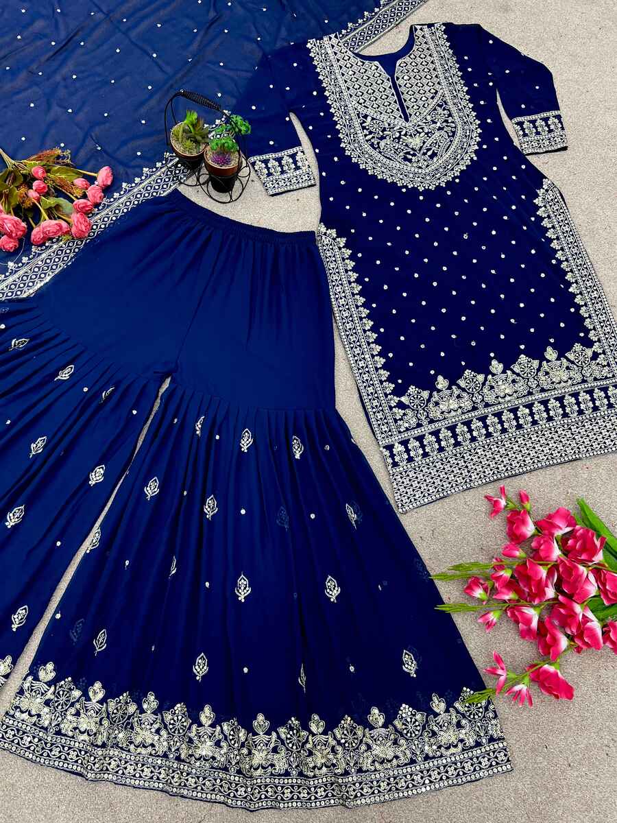 DESIGNER GEORGETTE EMBROIDERY SEQUENCE WORK TOP SHARARA WITH DUPATTA