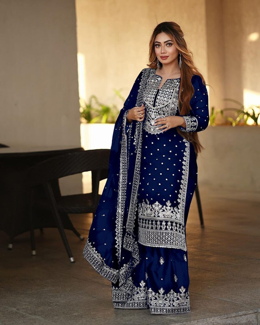 DESIGNER GEORGETTE EMBROIDERY SEQUENCE WORK TOP SHARARA WITH DUPATTA