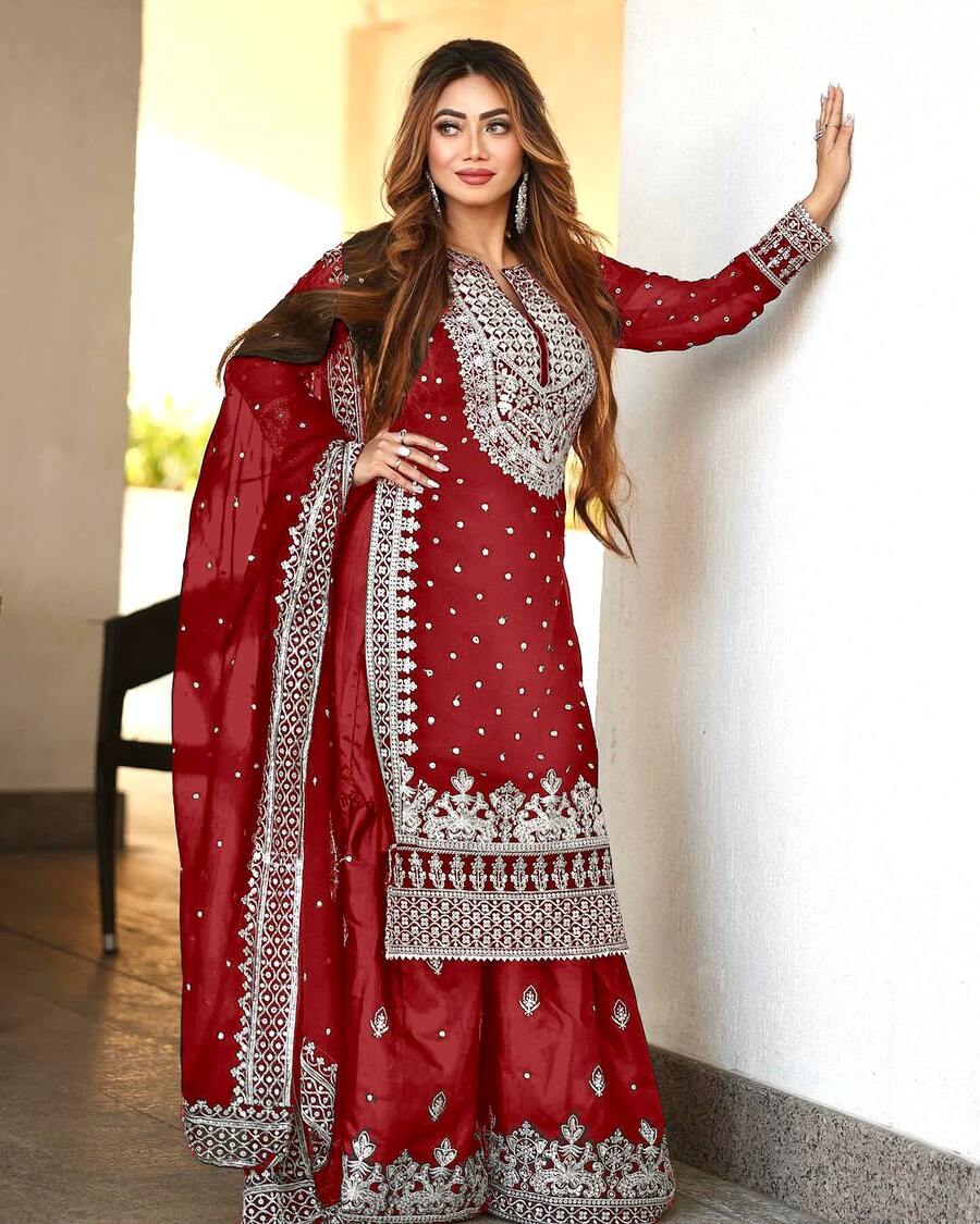 DESIGNER GEORGETTE EMBROIDERY SEQUENCE WORK TOP SHARARA WITH DUPATTA