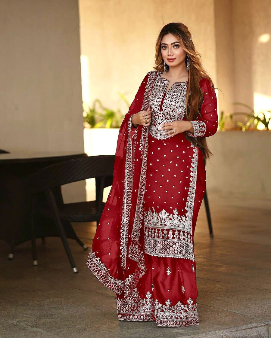 DESIGNER GEORGETTE EMBROIDERY SEQUENCE WORK TOP SHARARA WITH DUPATTA