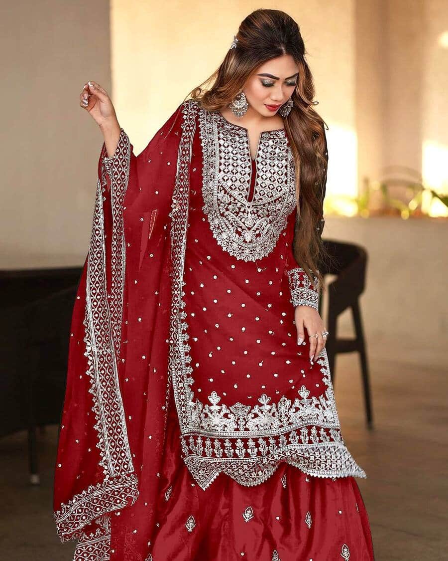 DESIGNER GEORGETTE EMBROIDERY SEQUENCE WORK TOP SHARARA WITH DUPATTA