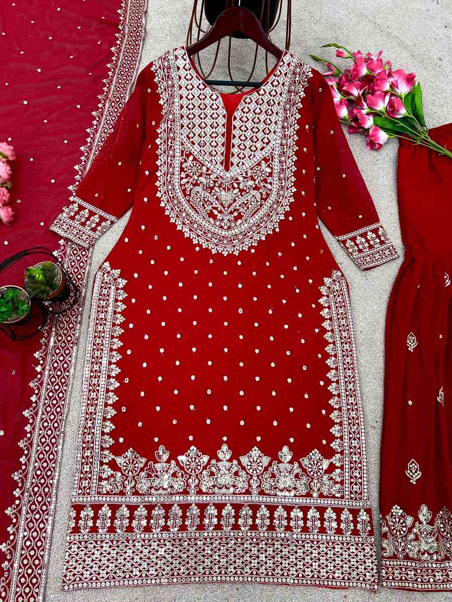 DESIGNER GEORGETTE EMBROIDERY SEQUENCE WORK TOP SHARARA WITH DUPATTA