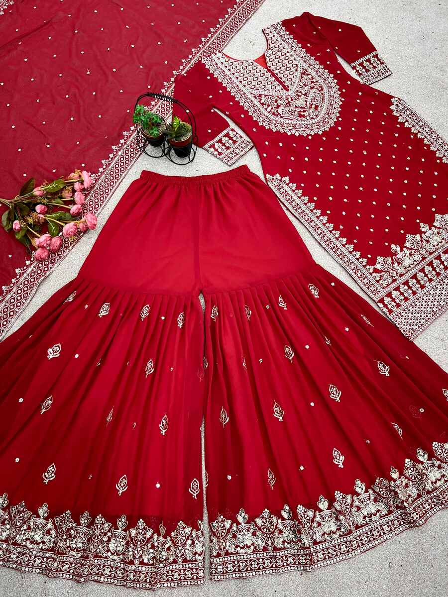 DESIGNER GEORGETTE EMBROIDERY SEQUENCE WORK TOP SHARARA WITH DUPATTA