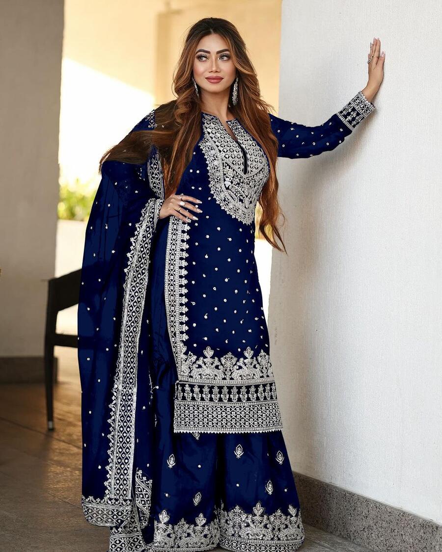 DESIGNER GEORGETTE EMBROIDERY SEQUENCE WORK TOP SHARARA WITH DUPATTA