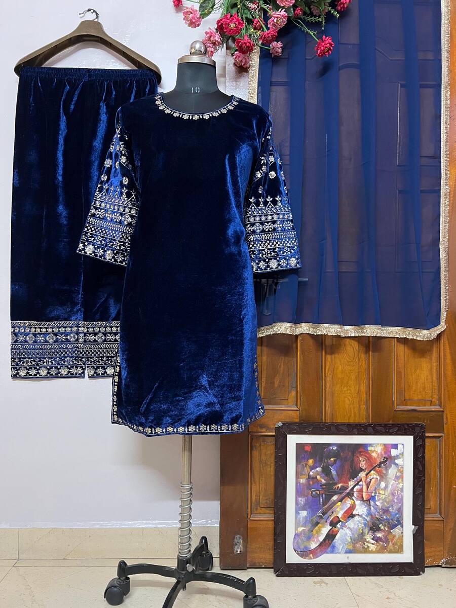 LATEST VELVET SEQUENCE EMBROIDERY WORK TOP PALAZZO WITH DUPATTA BLUE