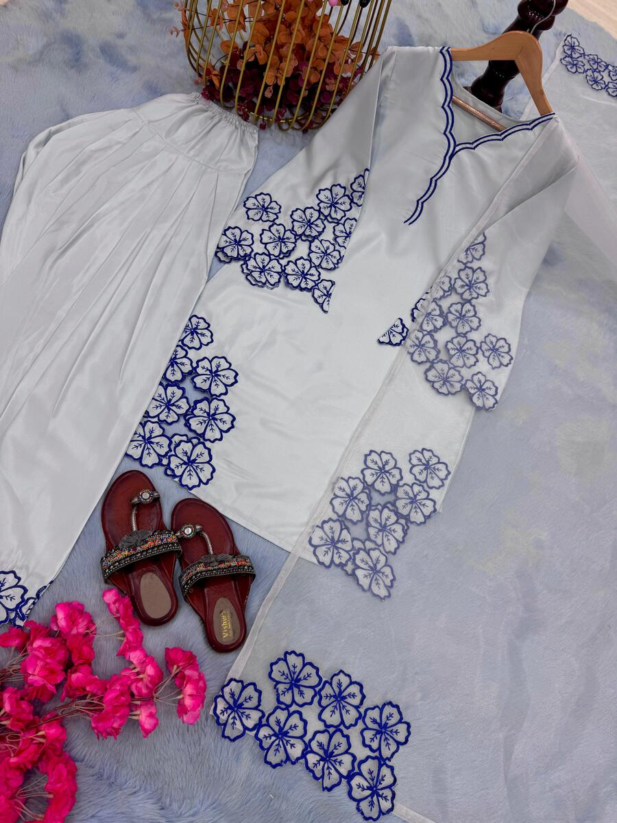 NEW ARRIVAL NATURAL CREPE EMBROIDERY AND CUT WORK TOP PATIYALA WITH DUPATTA CREPE