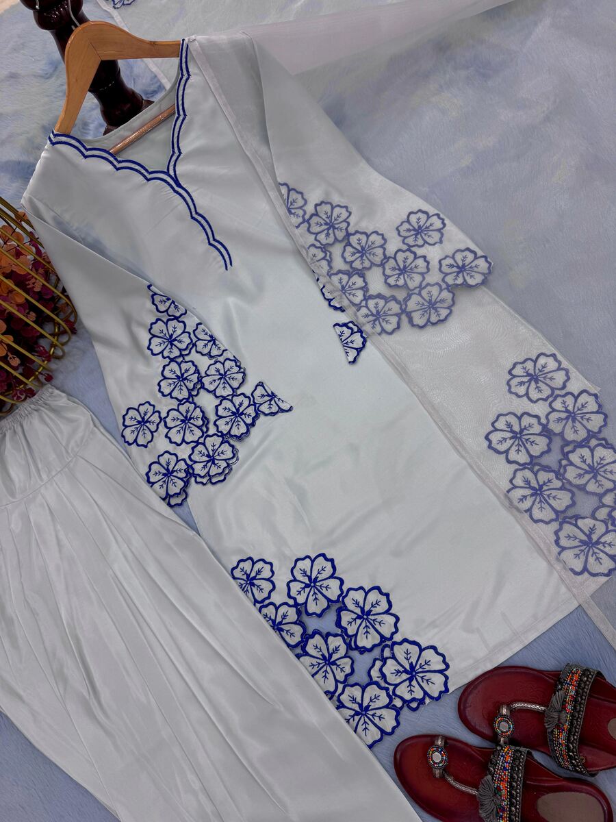 NEW ARRIVAL NATURAL CREPE EMBROIDERY AND CUT WORK TOP PATIYALA WITH DUPATTA CREPE