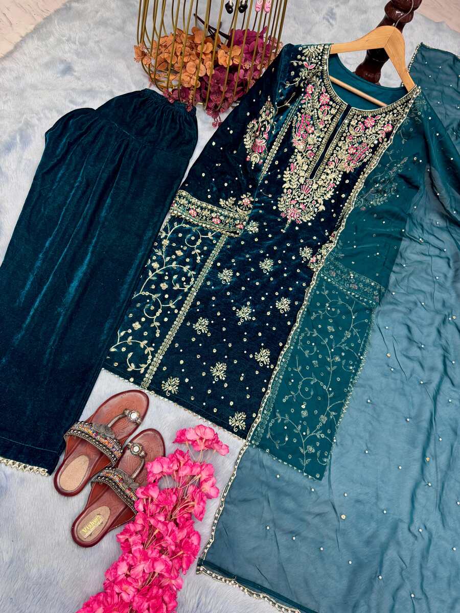 NEW ARRIVAL VISCOSE VELVET EMBROIDERY SEQUENCE MOTI WORK TOP PALAZZO